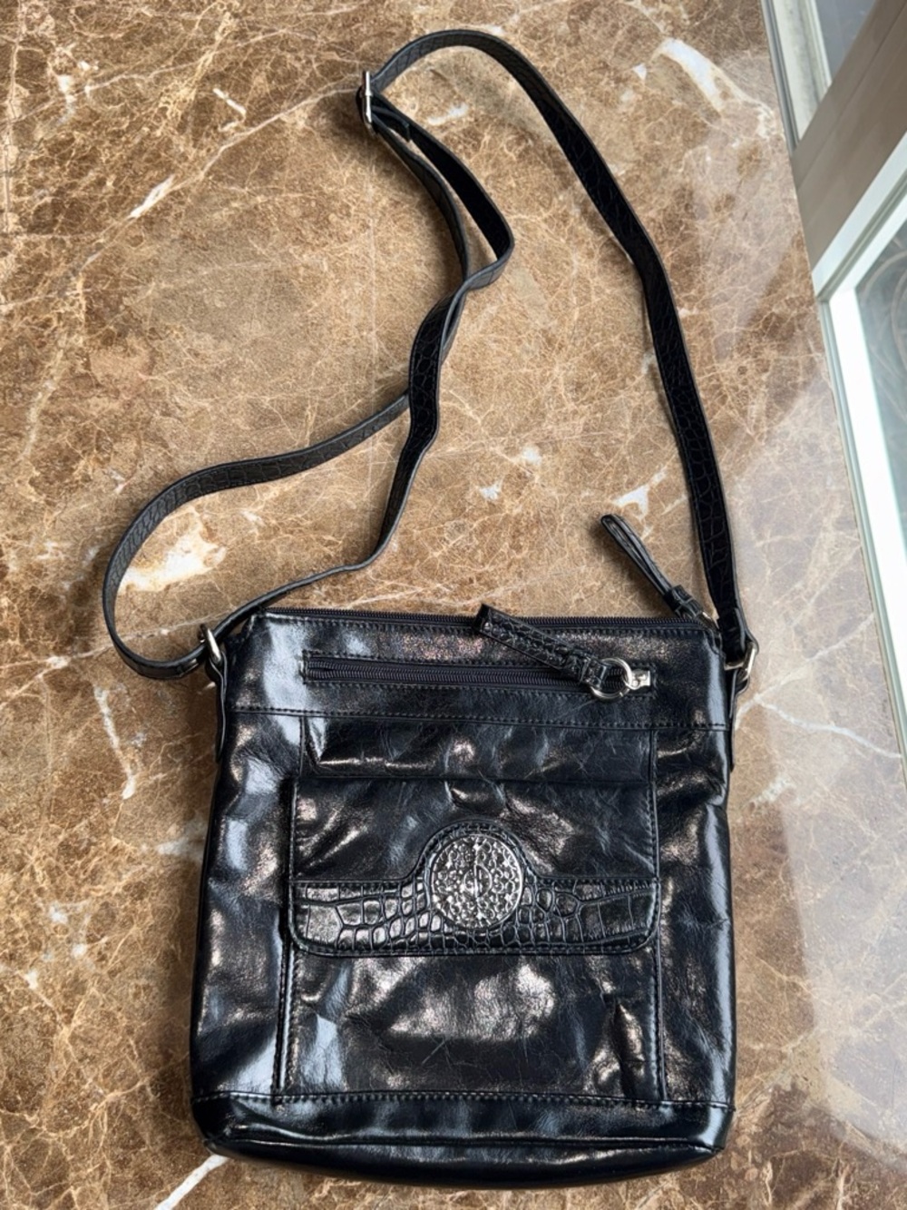 Giani Bernini Black Patent Crossbody with Croc-Texture Flap